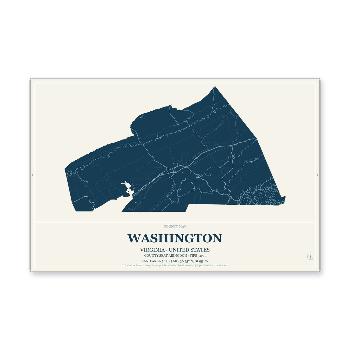 Washington County, Virginia Map Aluminum Sign in Coastal Cutout style