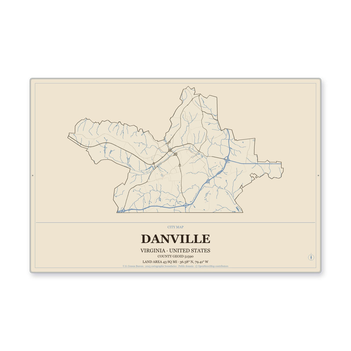 Danville city, Virginia Map Aluminum Sign in Heritage Nautical style