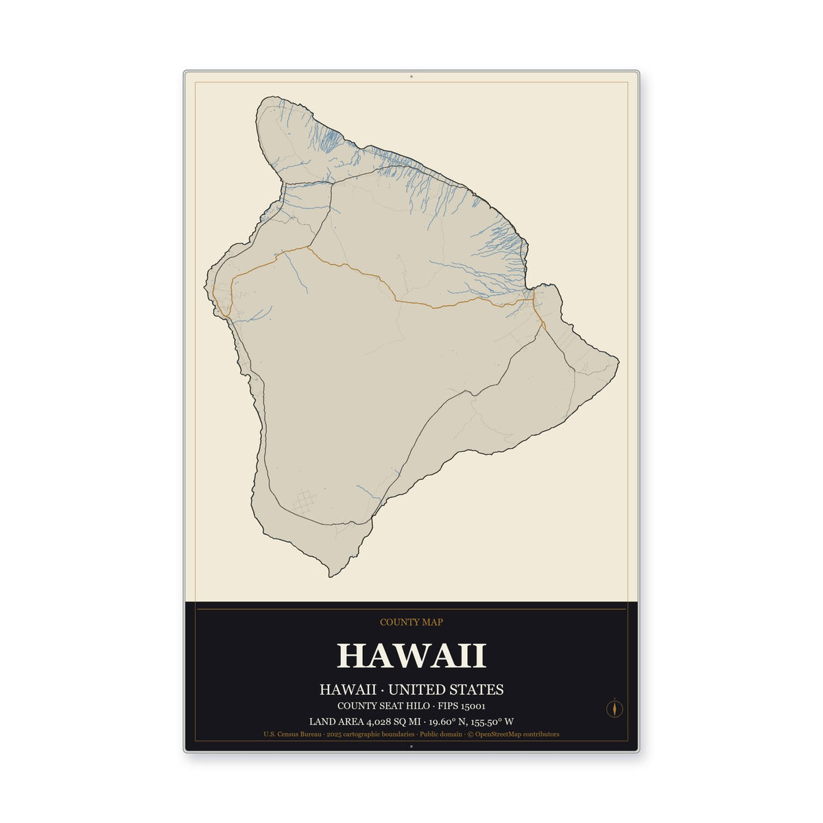 Hawaii County, Hawaii Map Aluminum Sign in Museum Plaque style