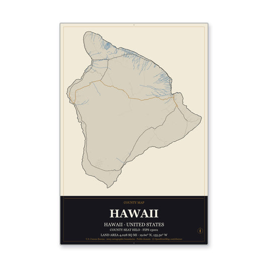Hawaii County, Hawaii Map Aluminum Sign in Museum Plaque style