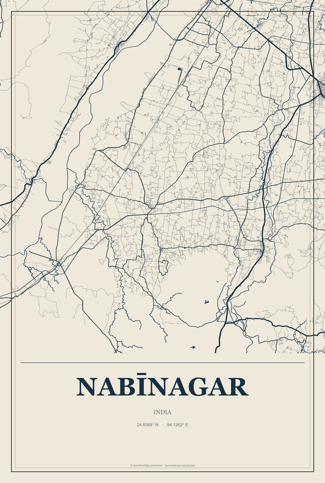 Nabīnagar, India City Map Aluminum Sign in Coastal Cutout style