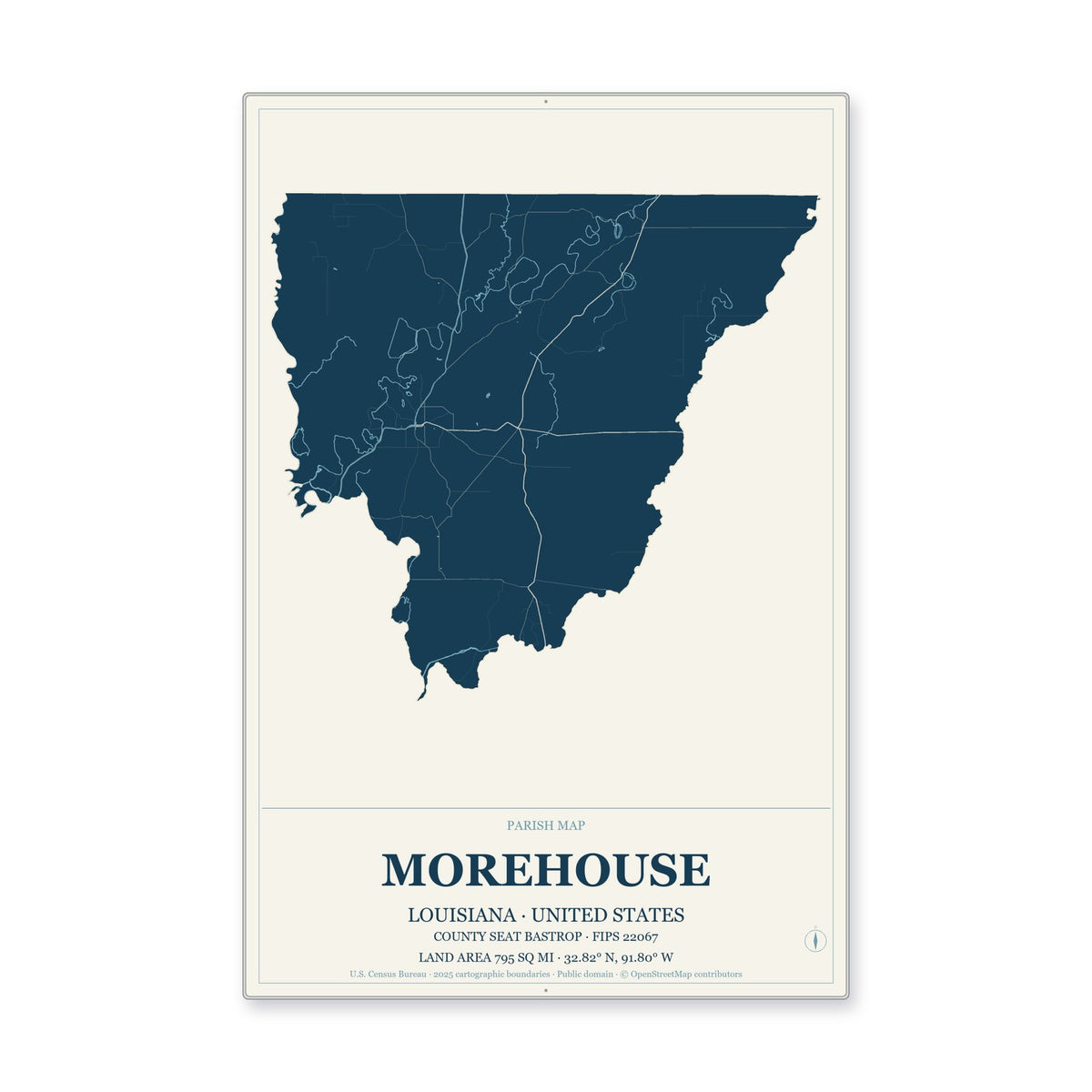 Morehouse Parish, Louisiana Map Aluminum Sign in Coastal Cutout style