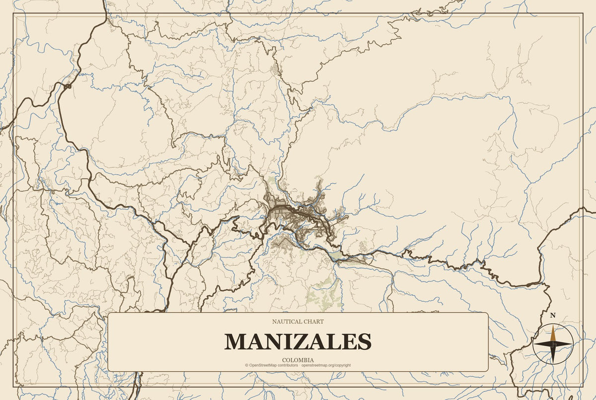 Manizales, Colombia City Map Aluminum Sign in Heritage Nautical style