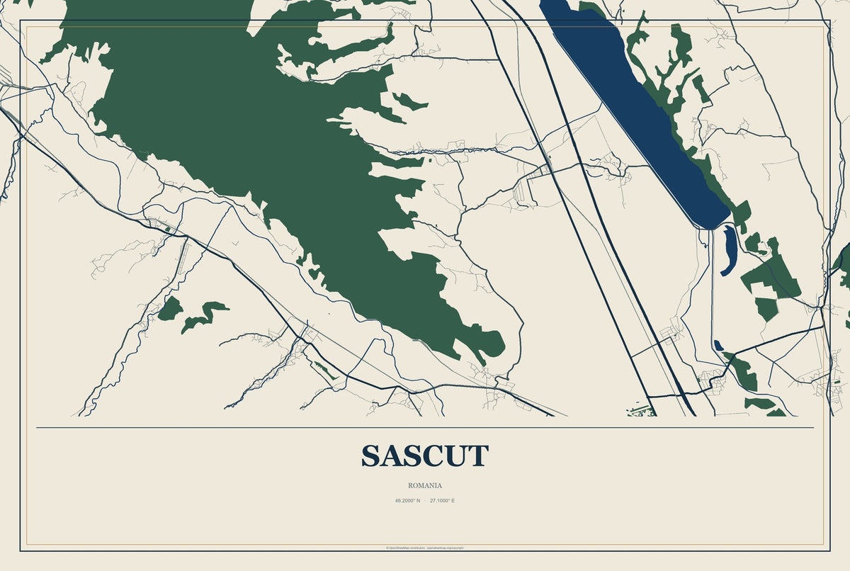 Sascut, Romania City Map Aluminum Sign in Coastal Cutout style