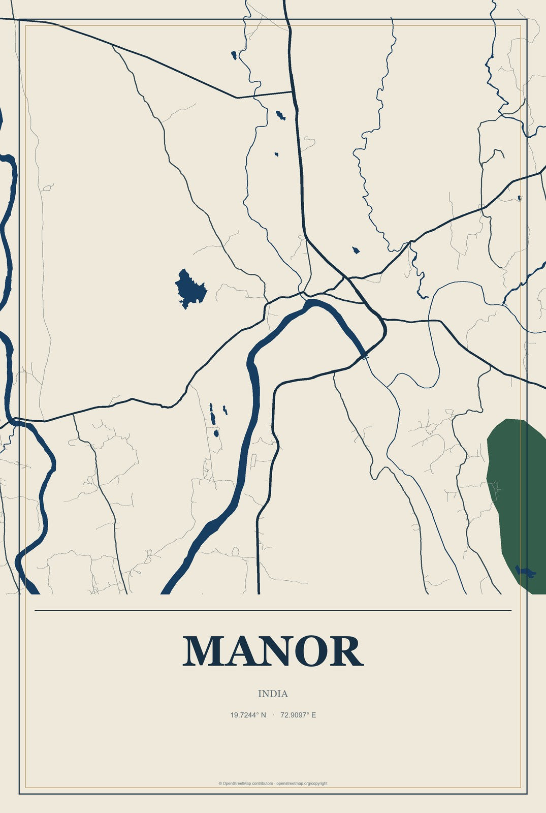 Manor, India City Map Aluminum Sign in Coastal Cutout style
