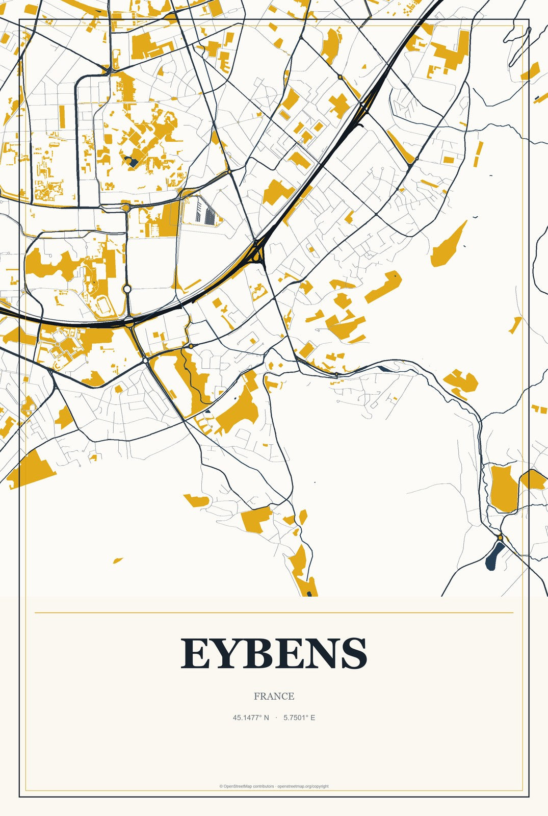 Eybens, France City Map Aluminum Sign in Citrine Modern style