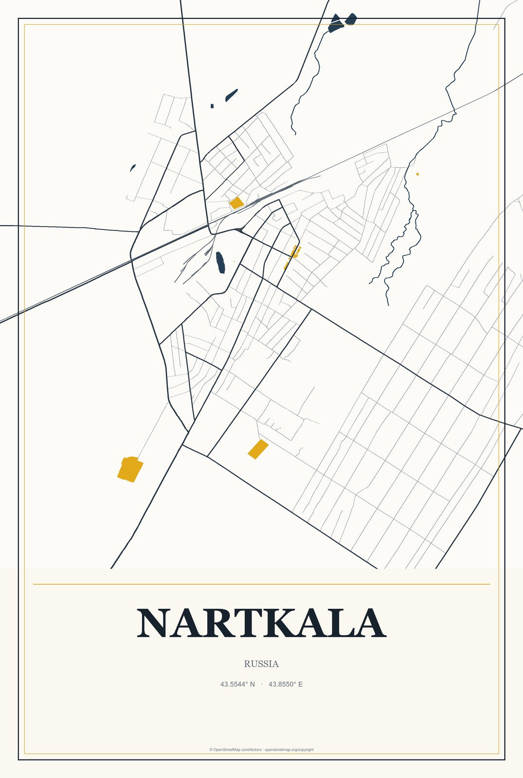 Nartkala, Russia City Map Aluminum Sign in Citrine Modern style