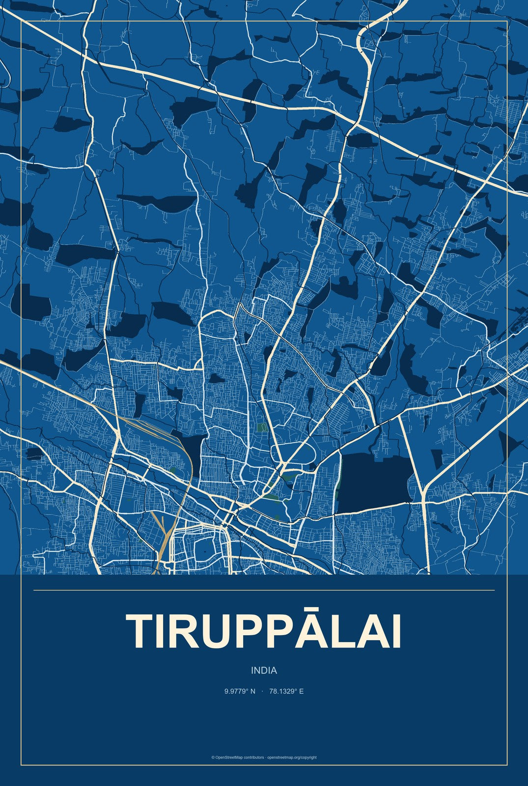 Tiruppālai, India City Map Aluminum Sign in Harbor Cobalt style