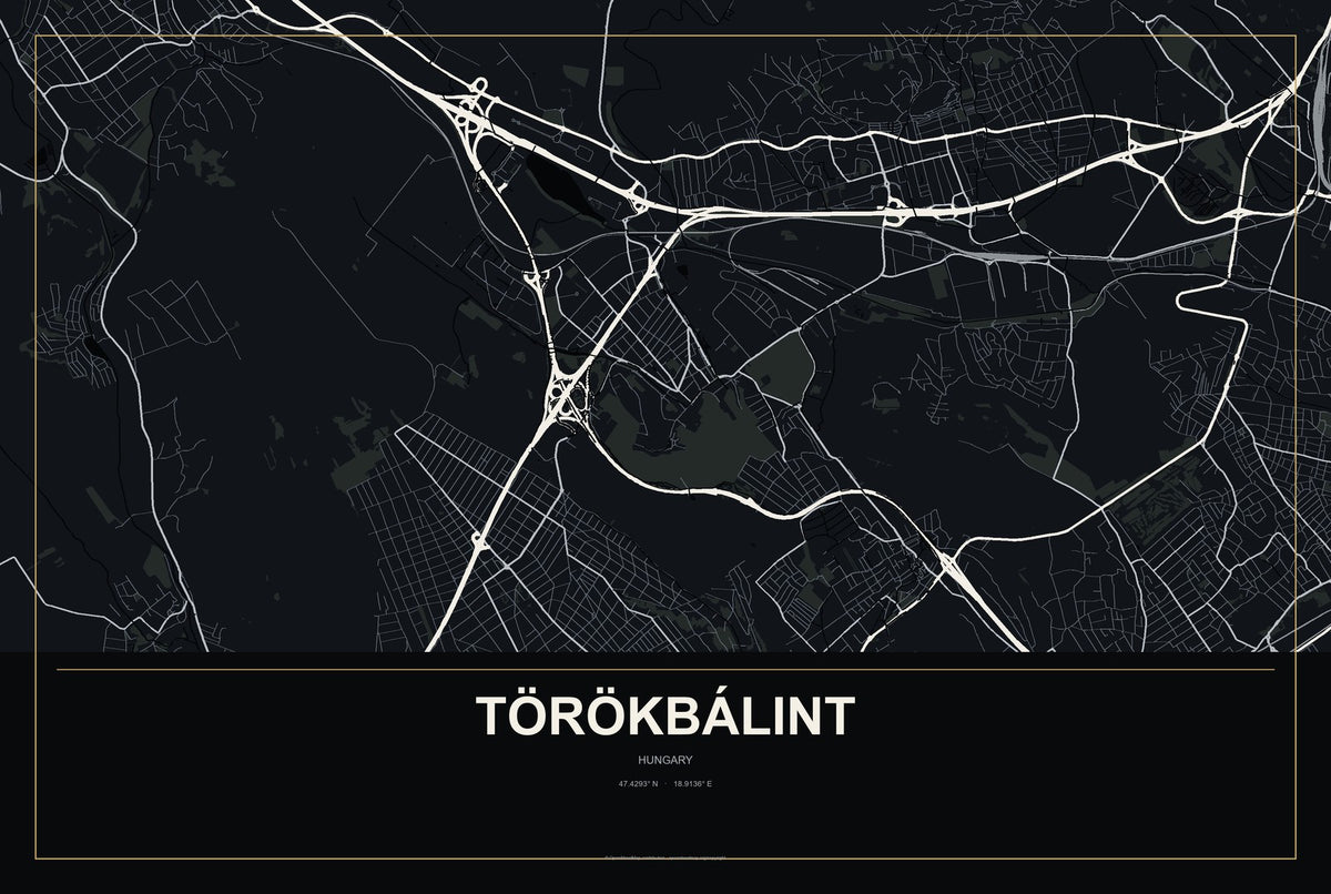 Törökbálint, Hungary City Map Aluminum Sign in Metropolitan Noir style