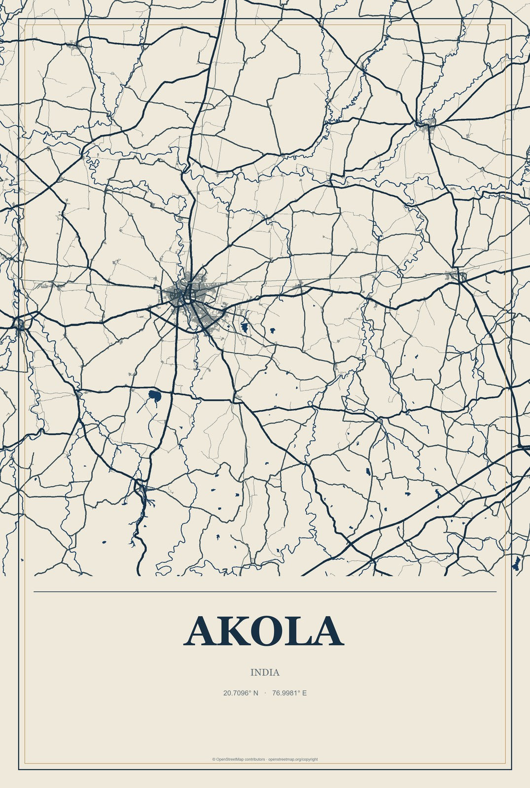 Akola, India City Map Aluminum Sign in Coastal Cutout style