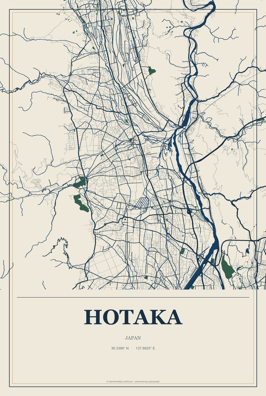 Hotaka, Japan City Map Aluminum Sign in Coastal Cutout style