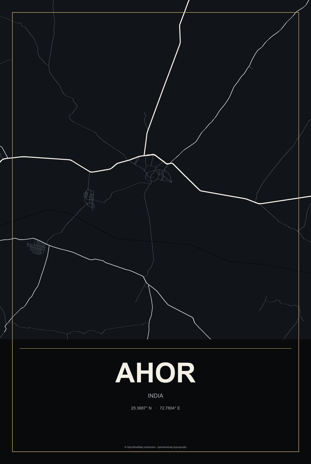 Ahor, India City Map Aluminum Sign in Metropolitan Noir style