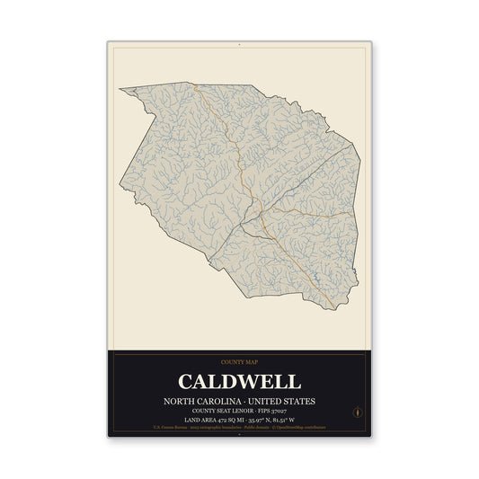 Caldwell County, North Carolina Map Aluminum Sign in Museum Plaque style