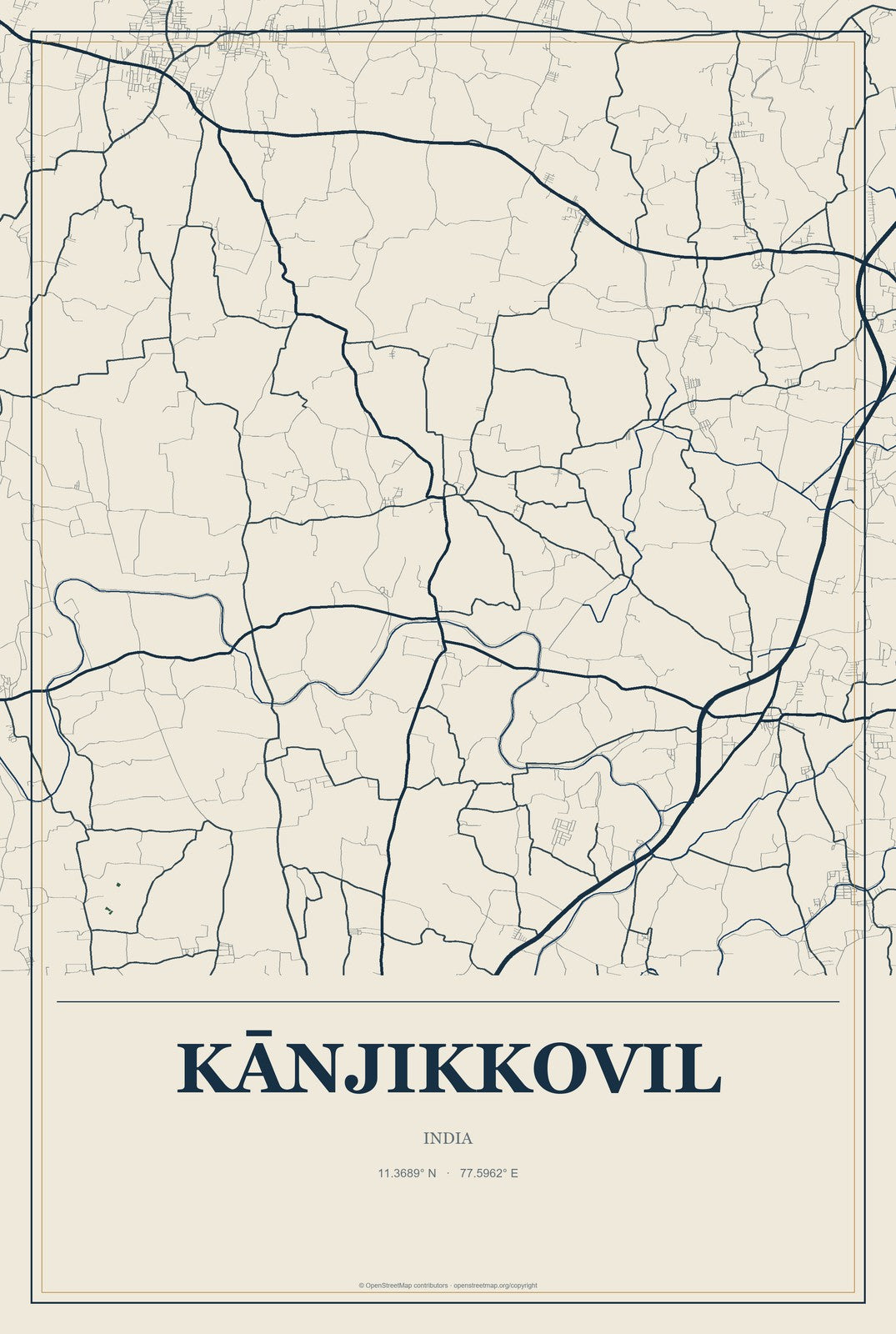 Kānjikkovil, India City Map Aluminum Sign in Coastal Cutout style
