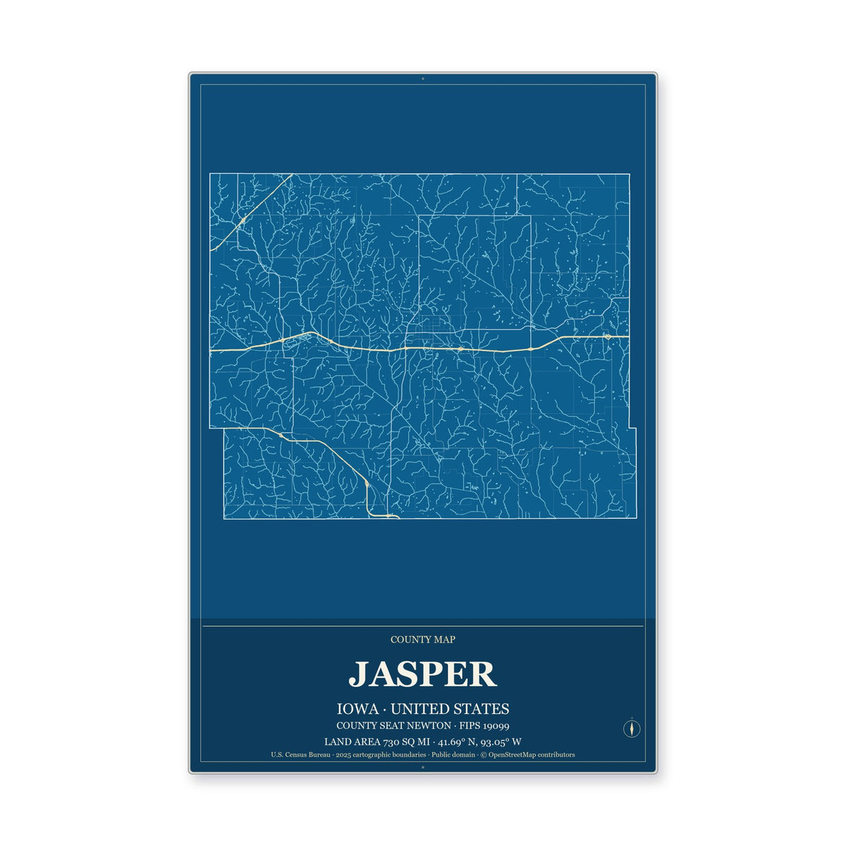 Jasper County, Iowa Map Aluminum Sign in Harbor Cobalt style
