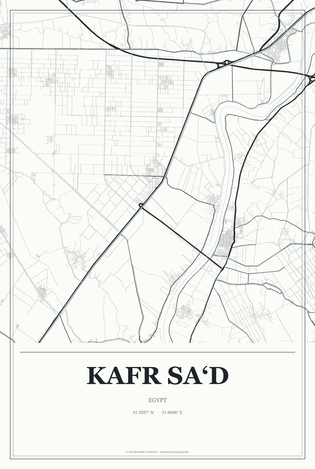 Kafr Sa‘d, Egypt City Map Aluminum Sign in Gallery Air style
