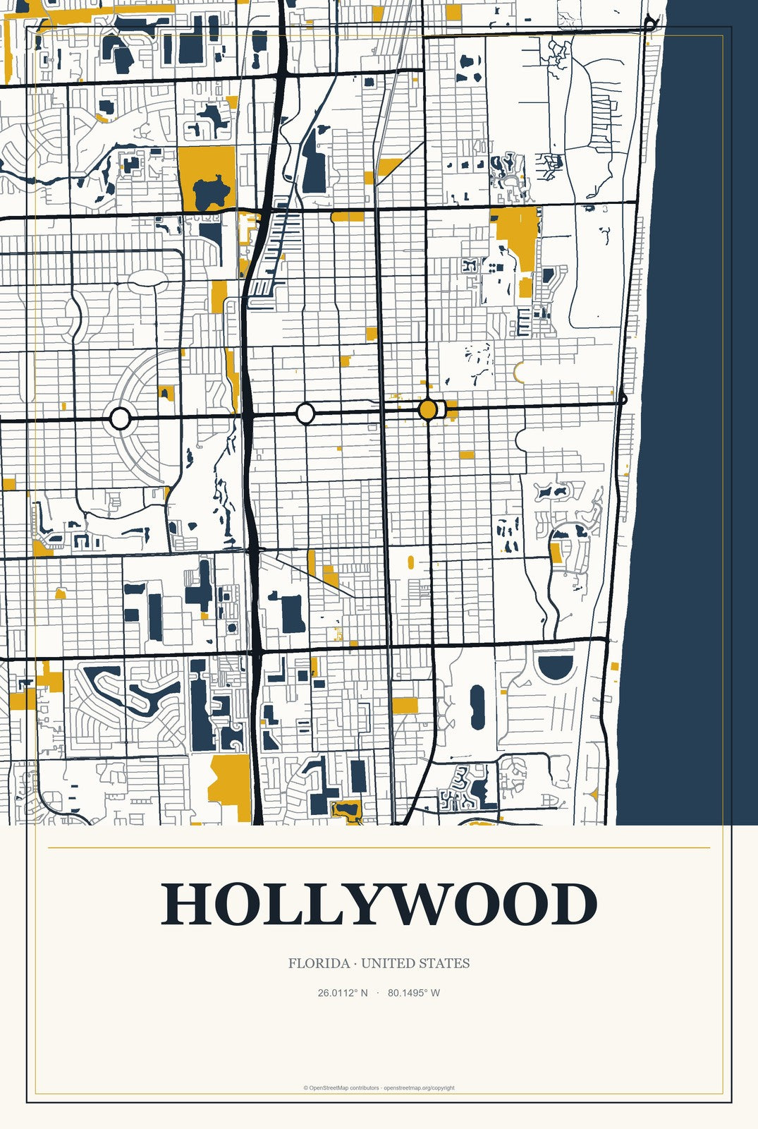 Hollywood, Florida City Map Aluminum Sign in Citrine Modern style