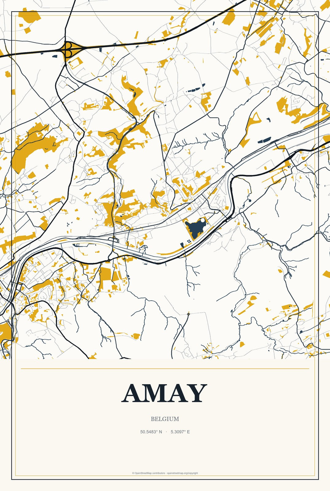 Amay, Belgium City Map Aluminum Sign in Citrine Modern style