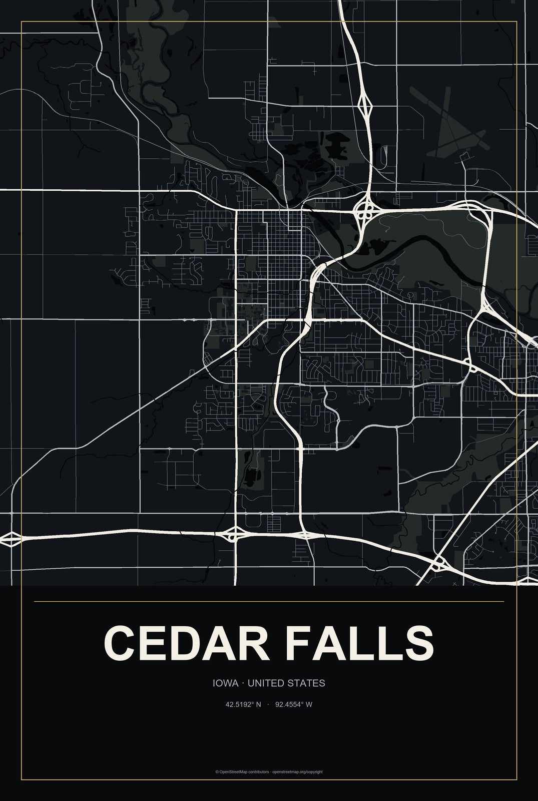 Cedar Falls, Iowa City Map Aluminum Sign in Metropolitan Noir style