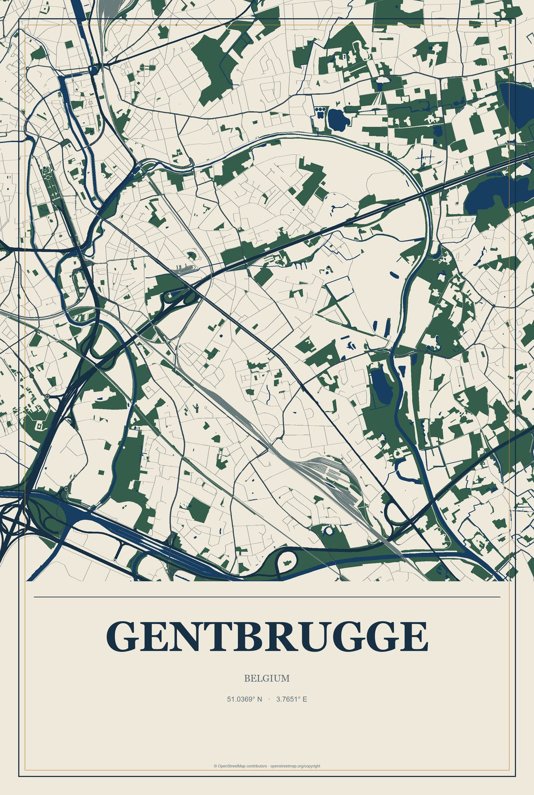 Gentbrugge, Belgium City Map Aluminum Sign in Coastal Cutout style