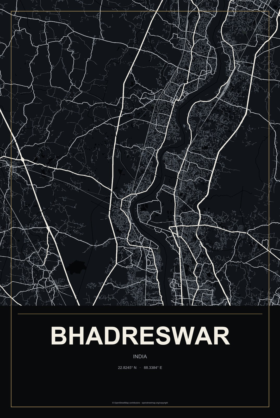 Bhadreswar, India City Map Aluminum Sign in Metropolitan Noir style