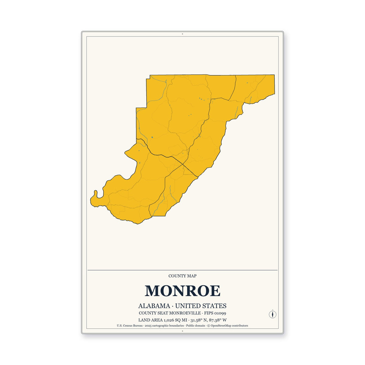 Monroe County, Alabama Map Aluminum Sign in Citrine Modern style