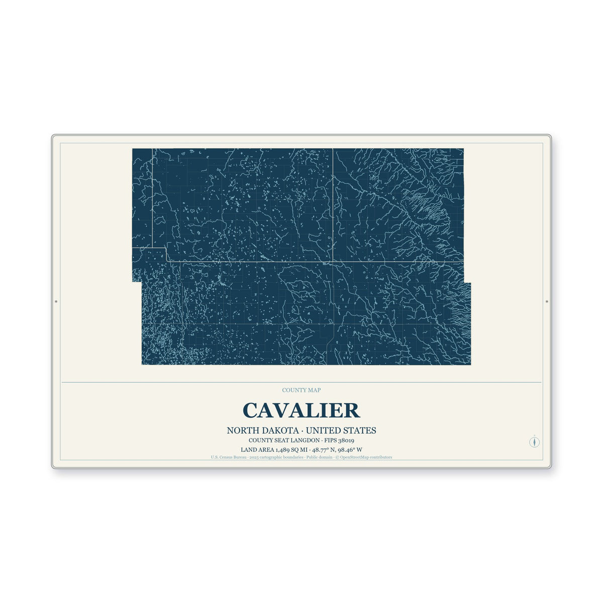 Cavalier County, North Dakota Map Aluminum Sign in Coastal Cutout style