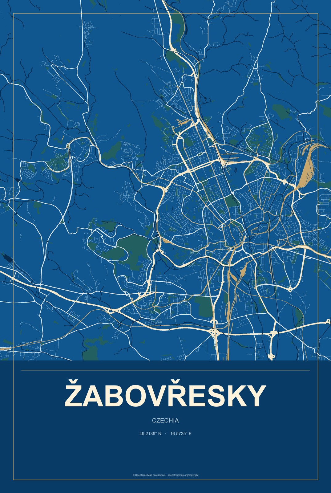 Žabovřesky, Czechia City Map Aluminum Sign in Harbor Cobalt style