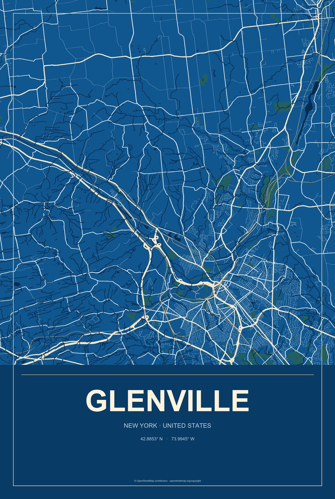 Glenville, New York City Map Aluminum Sign in Harbor Cobalt style