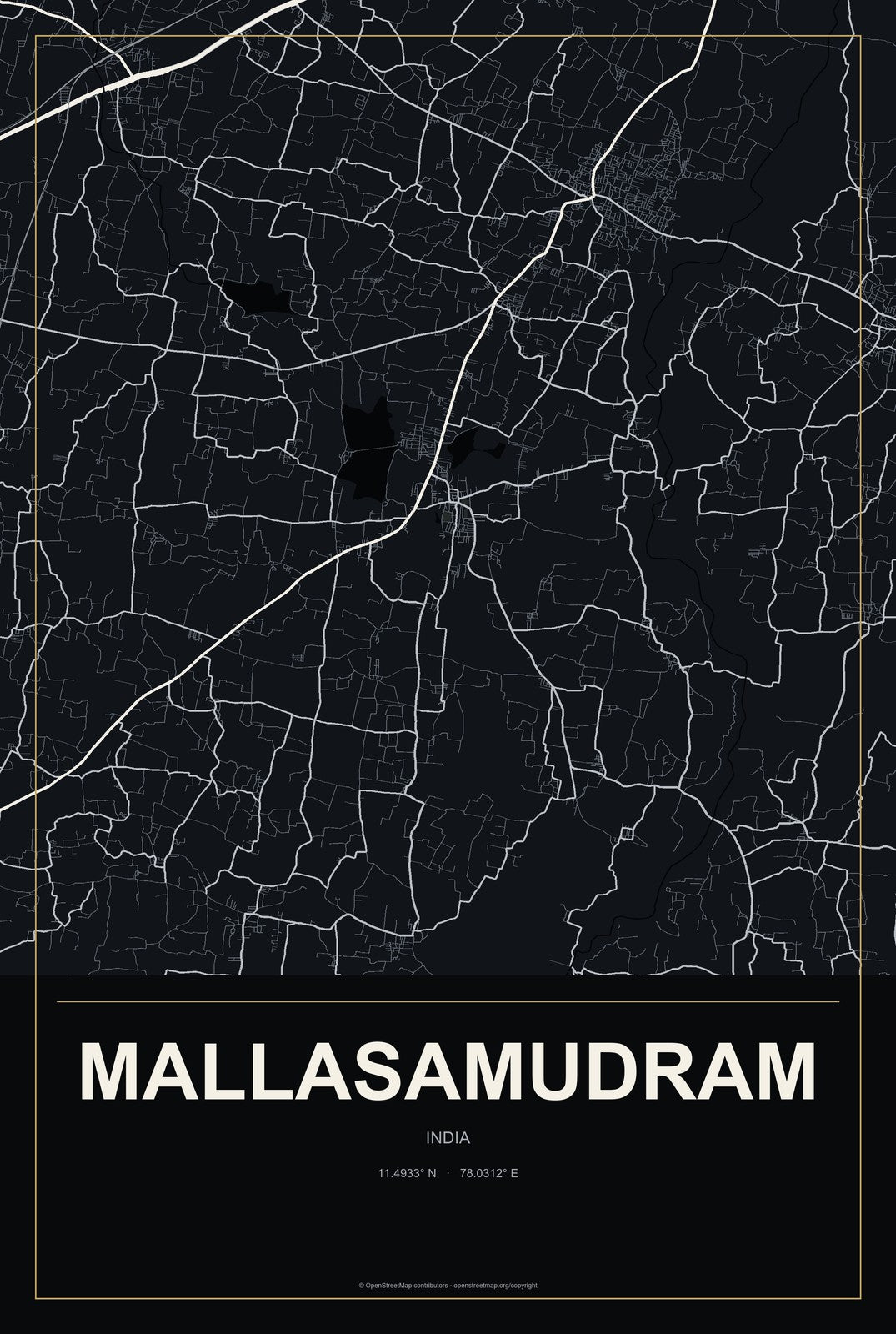 Mallasamudram, India City Map Aluminum Sign in Metropolitan Noir style