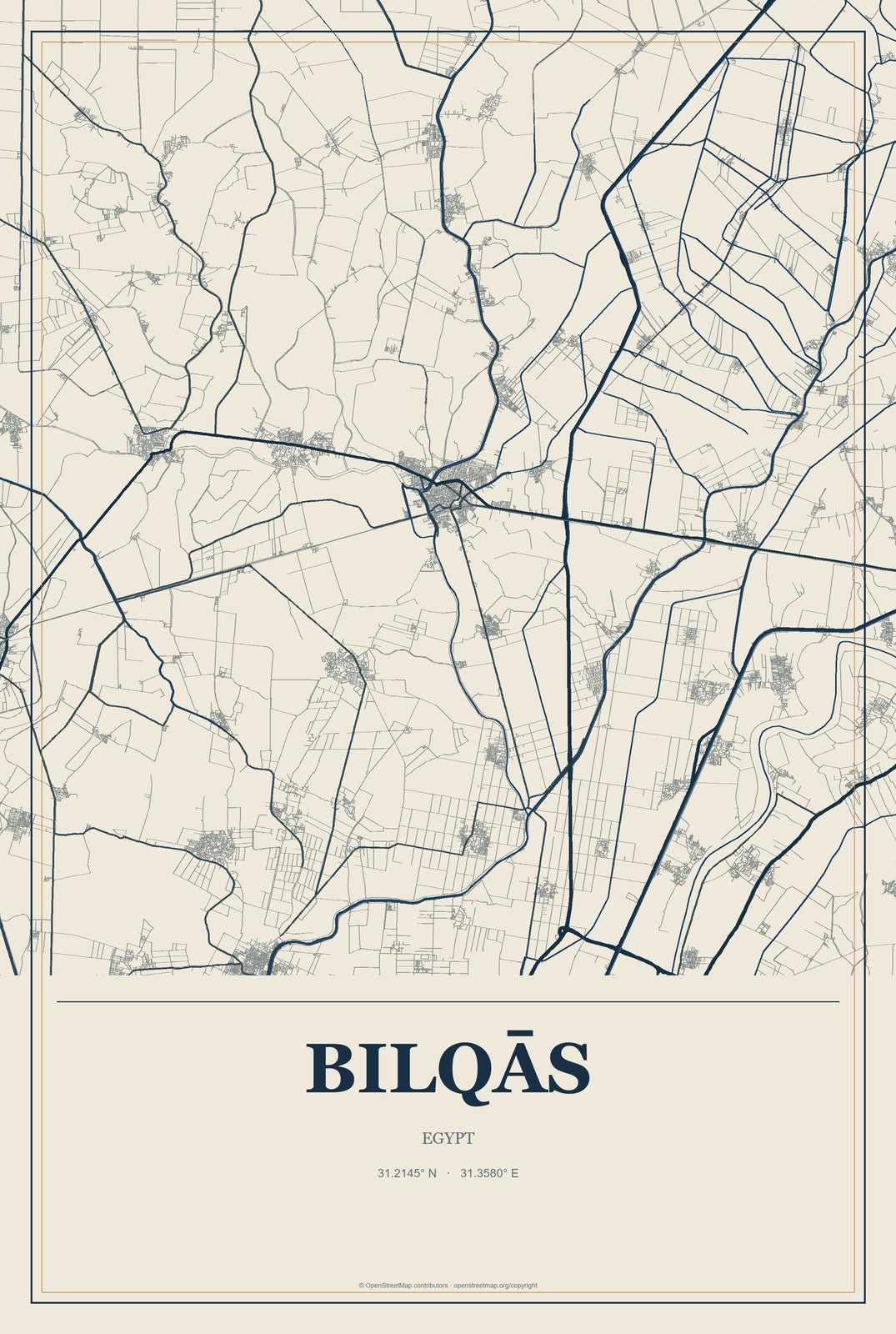 Bilqās, Egypt City Map Aluminum Sign in Coastal Cutout style