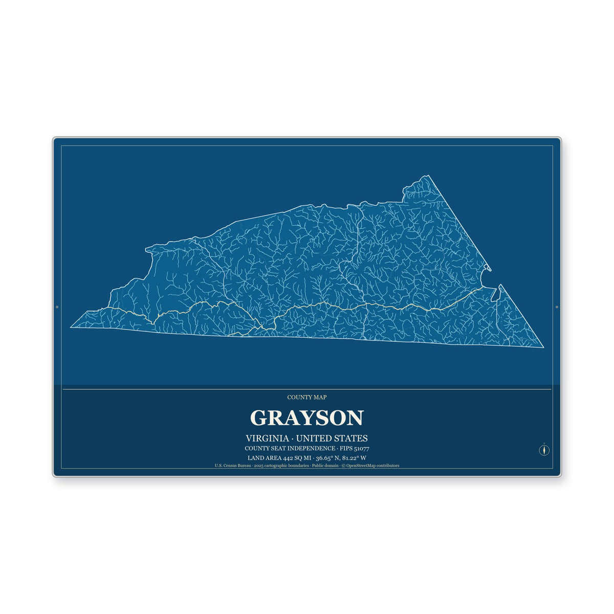 Grayson County, Virginia Map Aluminum Sign in Harbor Cobalt style