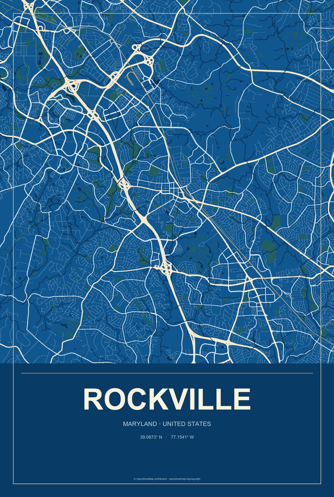 Rockville, Maryland City Map Aluminum Sign in Harbor Cobalt style
