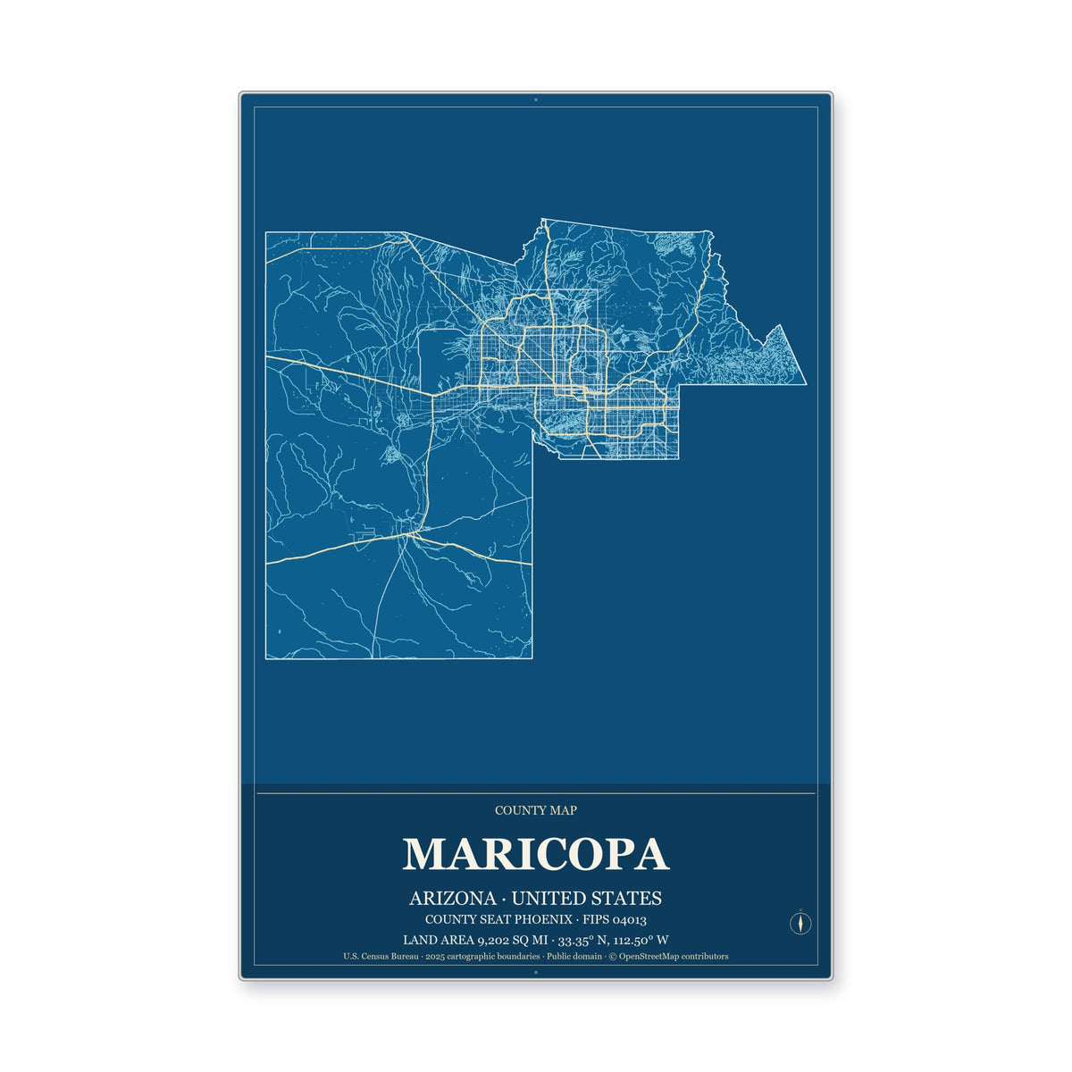 Maricopa County, Arizona Map Aluminum Sign in Harbor Cobalt style