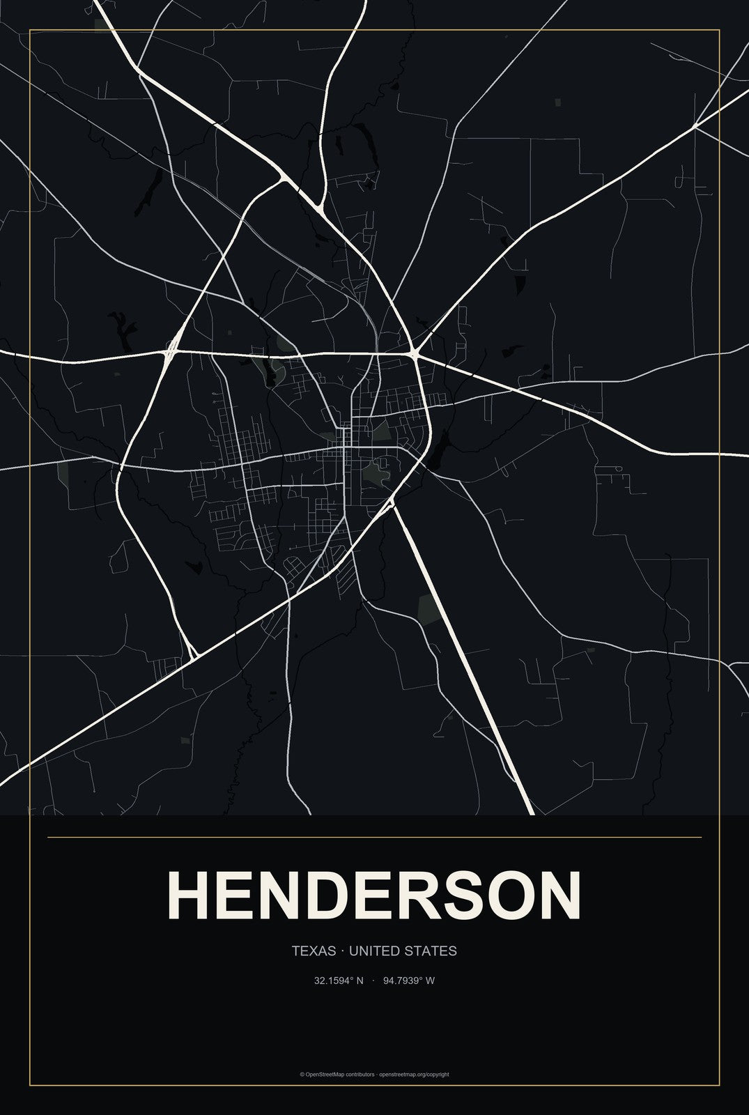 Henderson, Texas City Map Aluminum Sign in Metropolitan Noir style