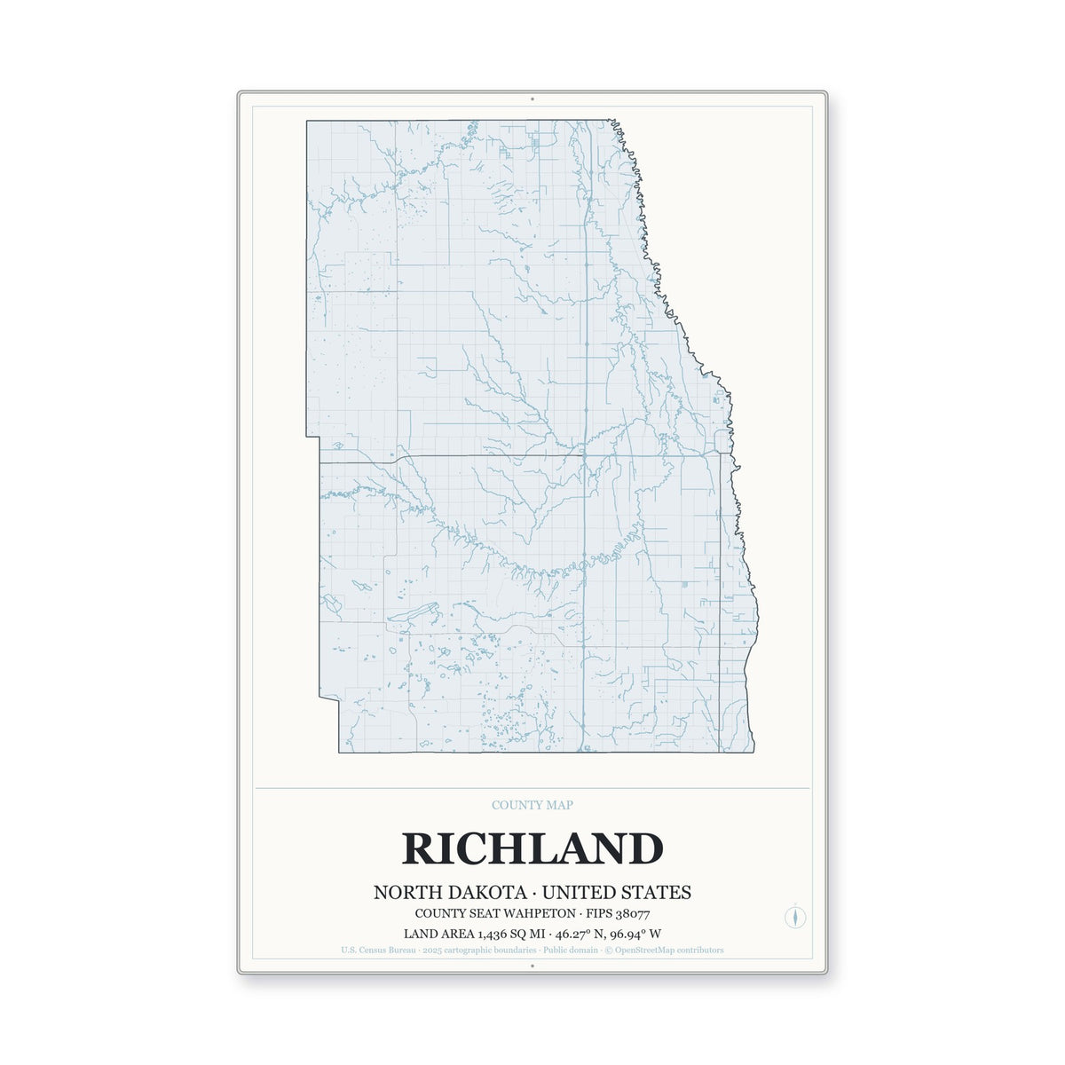 Richland County, North Dakota Map Aluminum Sign in Gallery Air style