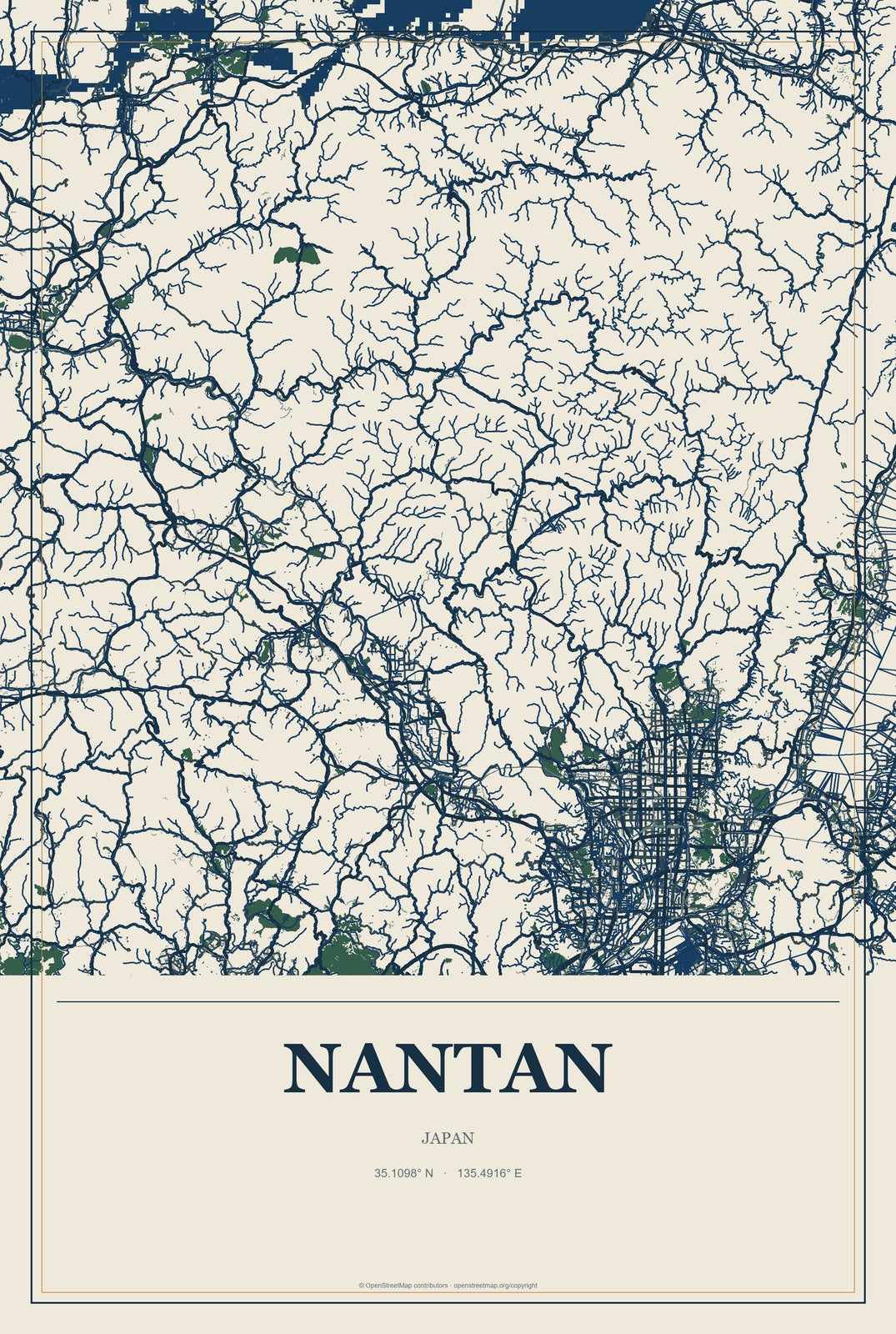 Nantan, Japan City Map Aluminum Sign in Coastal Cutout style