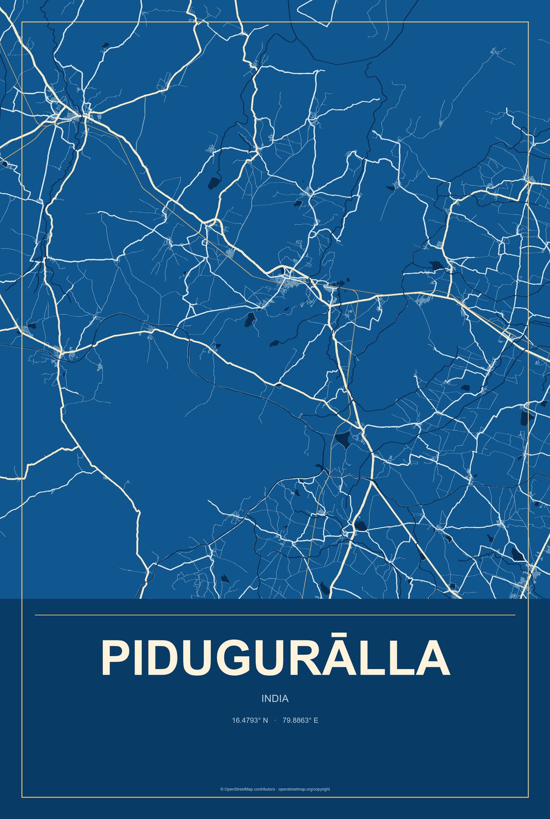 Pidugurālla, India City Map Aluminum Sign in Harbor Cobalt style