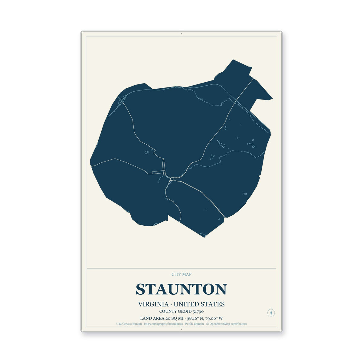 Staunton city, Virginia Map Aluminum Sign in Coastal Cutout style