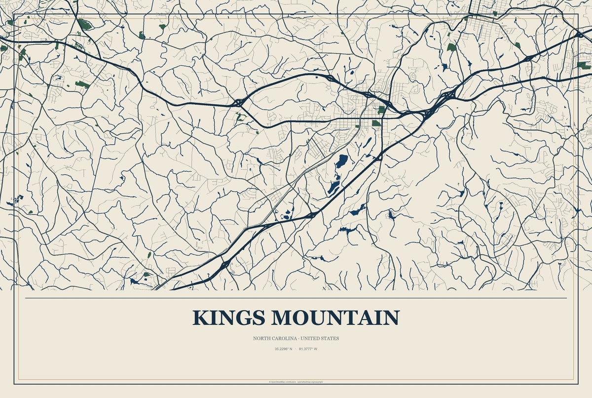 Kings Mountain, North Carolina City Map Aluminum Sign in Coastal Cutout style