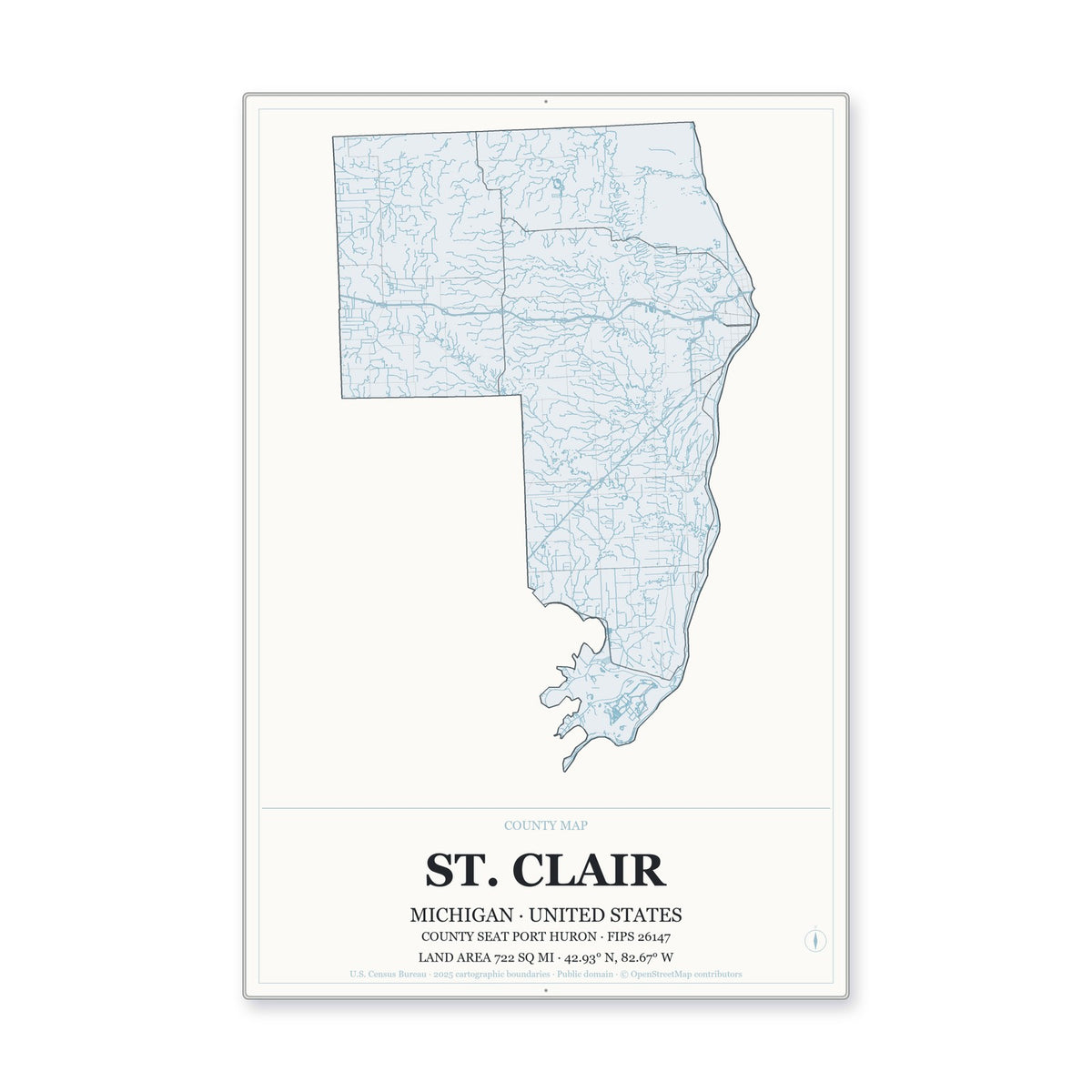 St. Clair County, Michigan Map Aluminum Sign in Gallery Air style