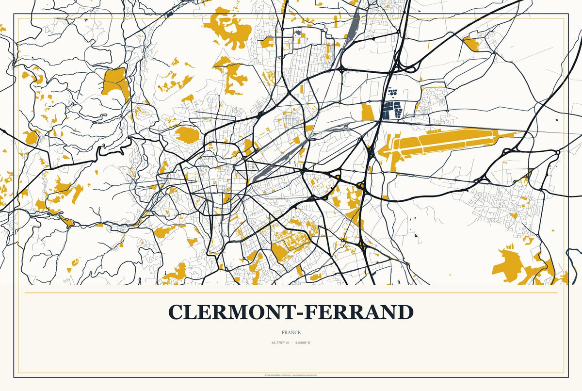 Clermont-Ferrand, France City Map Aluminum Sign in Citrine Modern style