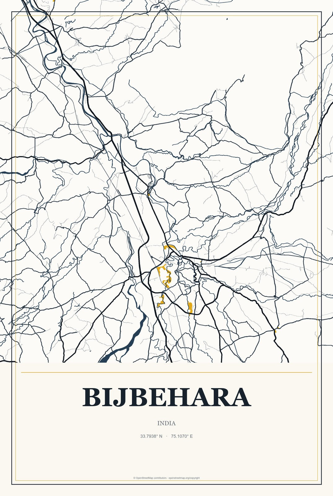Bijbehara, India City Map Aluminum Sign in Citrine Modern style