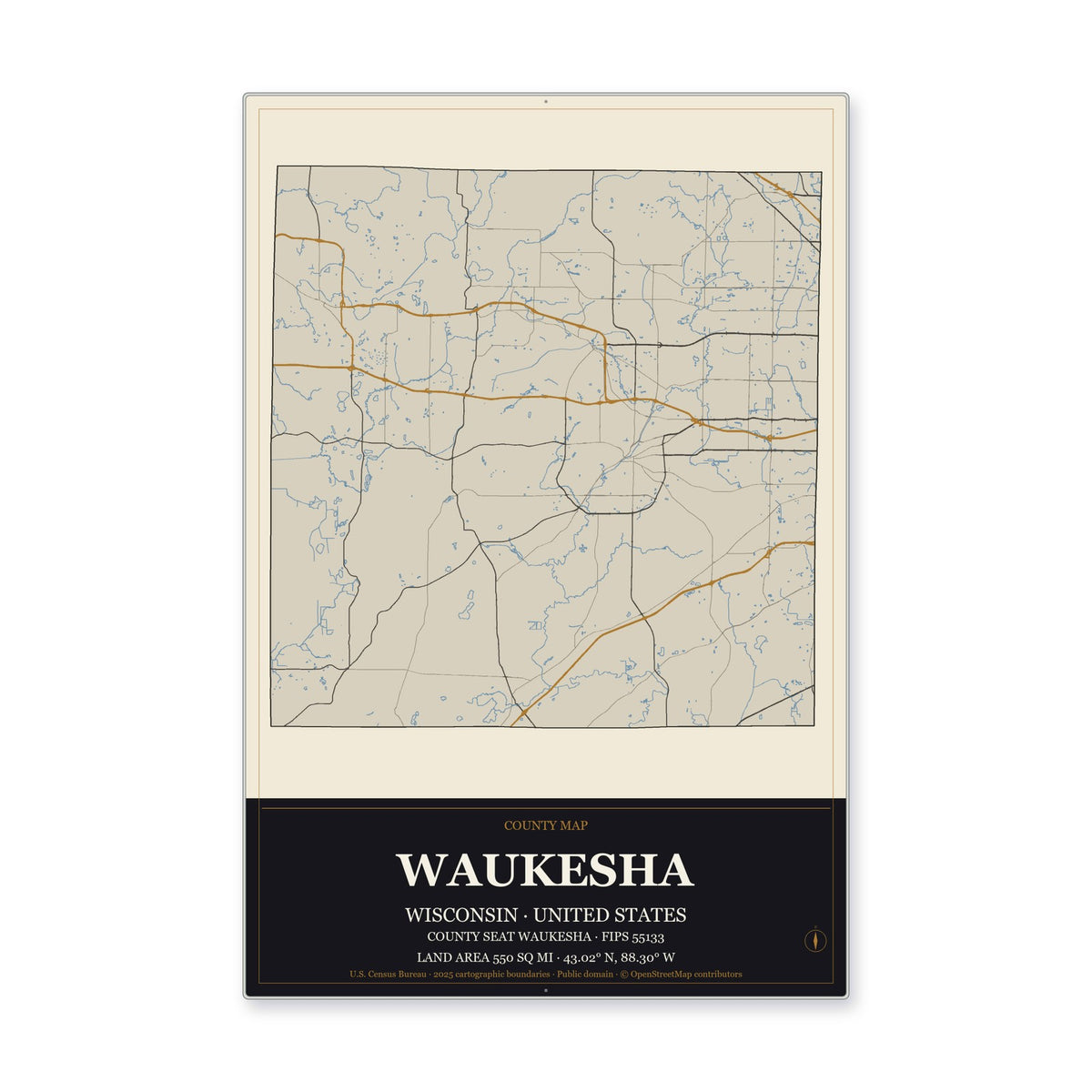 Waukesha County, Wisconsin Map Aluminum Sign in Museum Plaque style