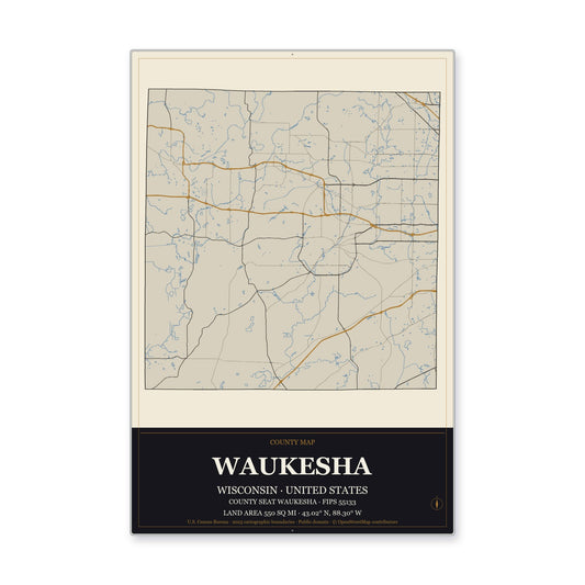 Waukesha County, Wisconsin Map Aluminum Sign in Museum Plaque style