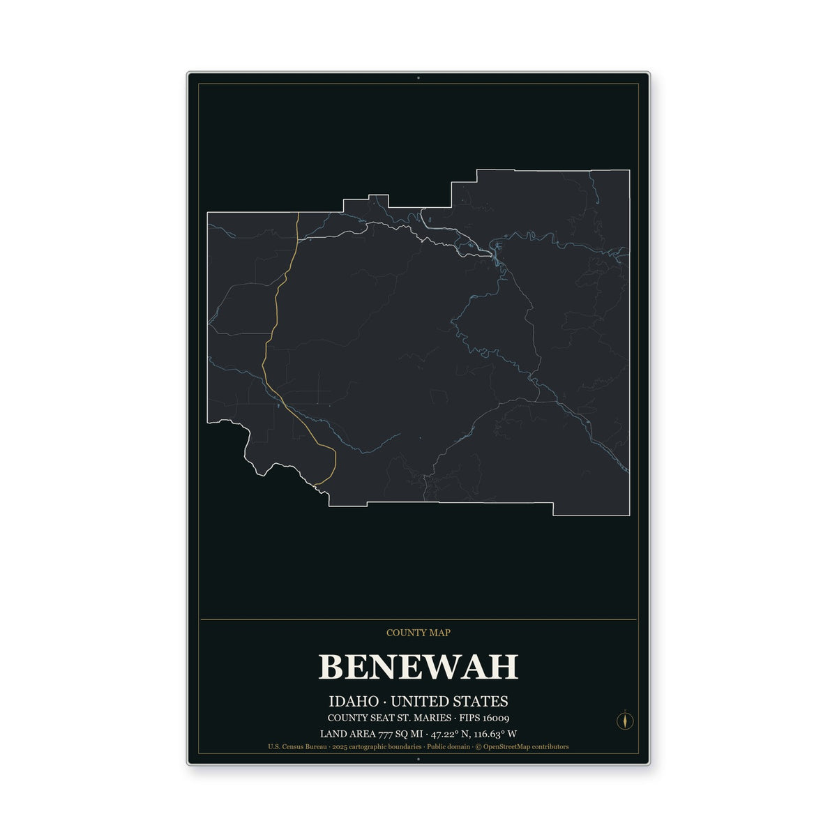 Benewah County, Idaho Map Aluminum Sign in Metropolitan Noir style