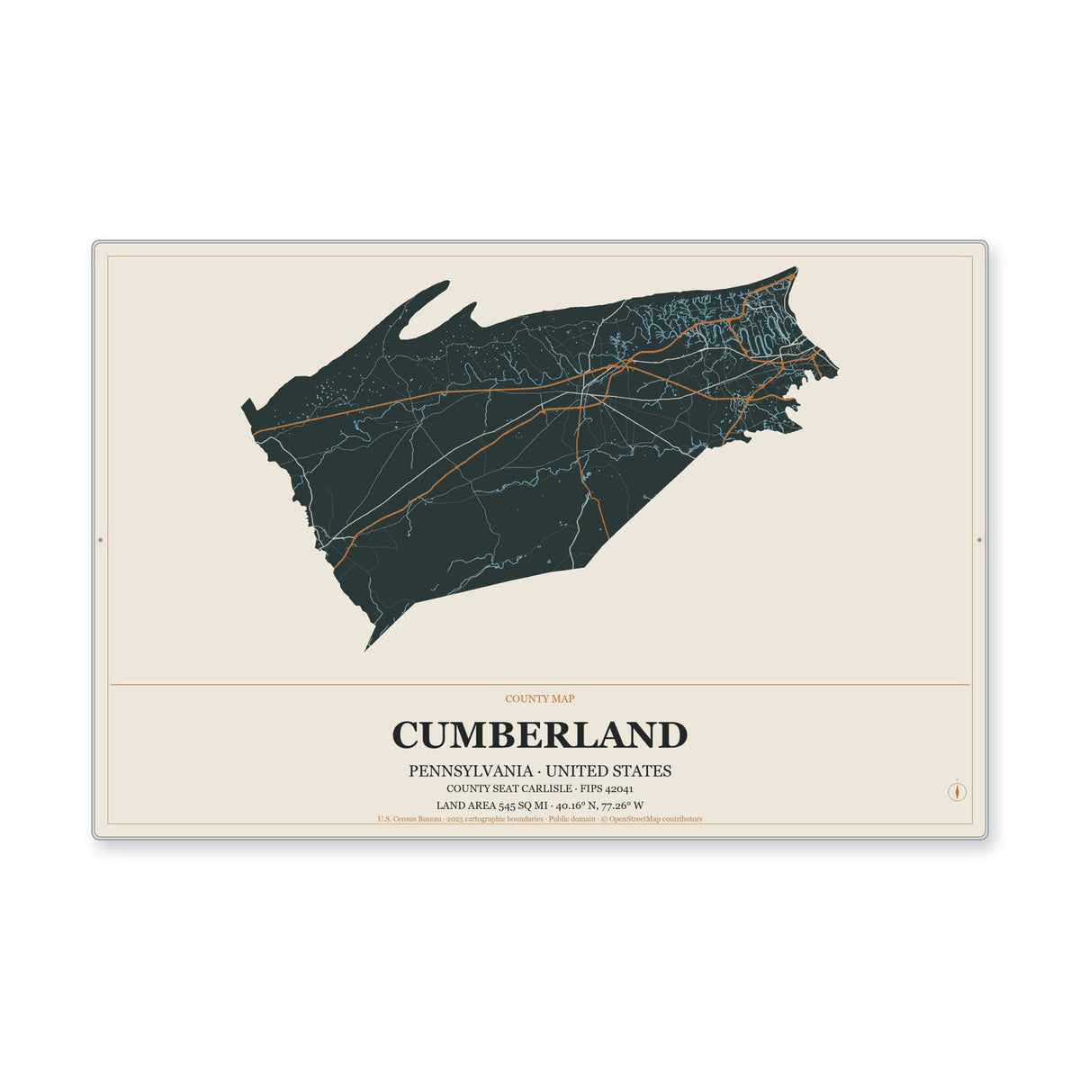 Cumberland County, Pennsylvania Map Aluminum Sign in Headline Atlas style