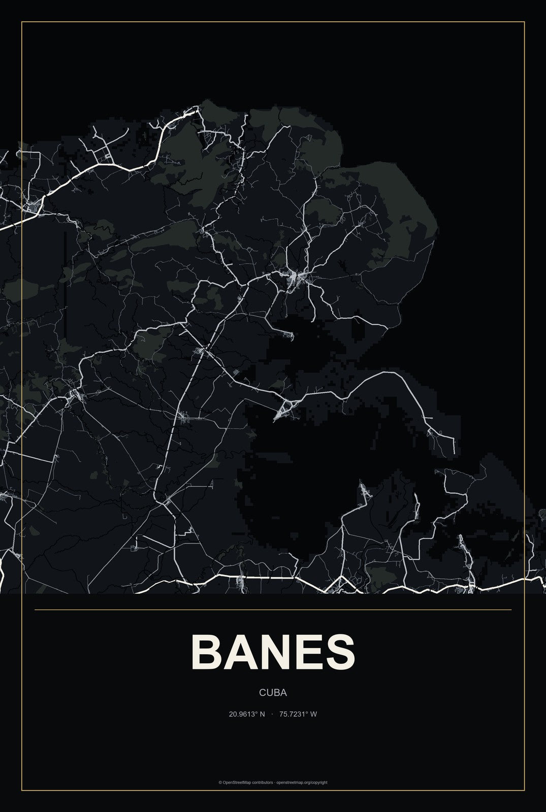 Banes, Cuba City Map Aluminum Sign in Metropolitan Noir style