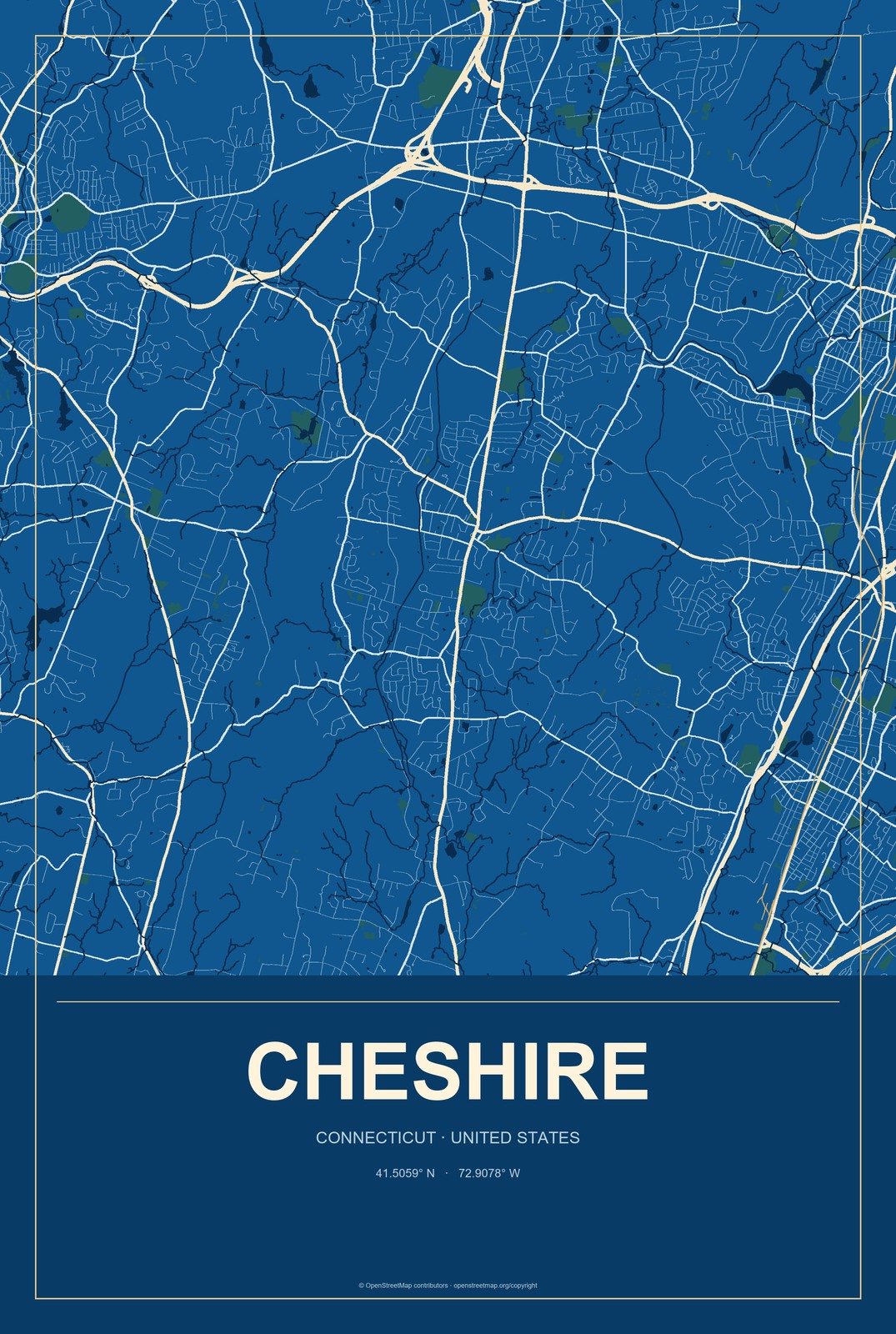 Cheshire, Connecticut City Map Aluminum Sign in Harbor Cobalt style