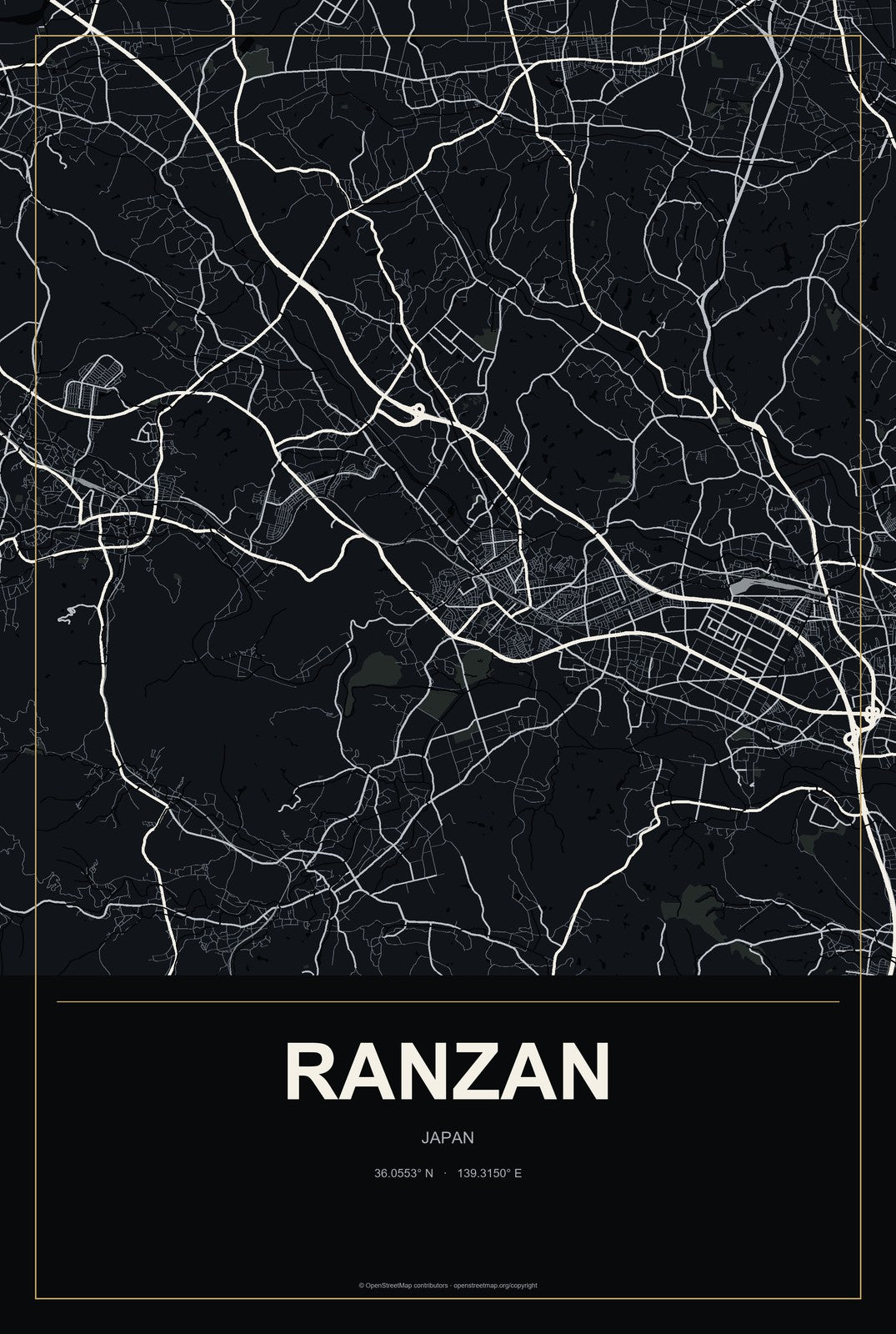 Ranzan, Japan City Map Aluminum Sign in Metropolitan Noir style